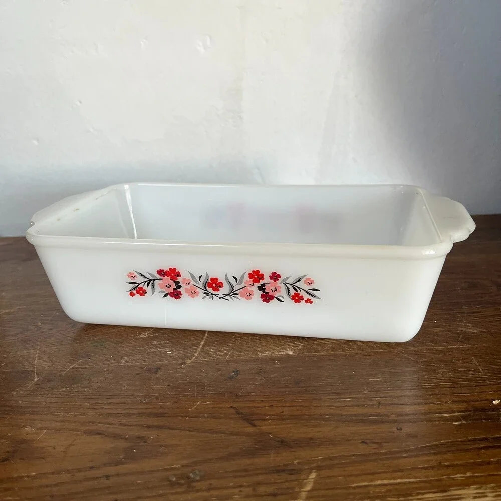 VTG Fire King Primrose Milk Glass Bread Loaf Pan 409 Baking Dish 1 Qt Floral USA